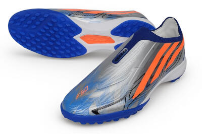 Adidas F50 Hyperfast Elite Laceless TF Artificial Turf Soccer Shoes - Silver/Metallic Silver/Bright Royal