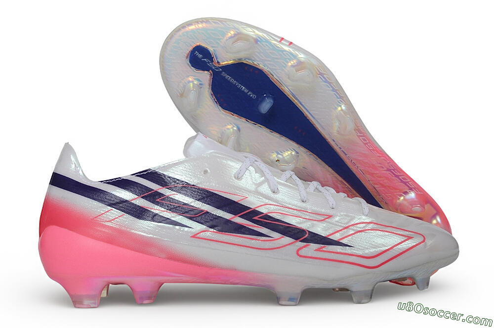 Adidas F50 Hyperfast Evo FG Firm Ground Soccer Cleats - White/Lucid Pink/Night Indigo 1
