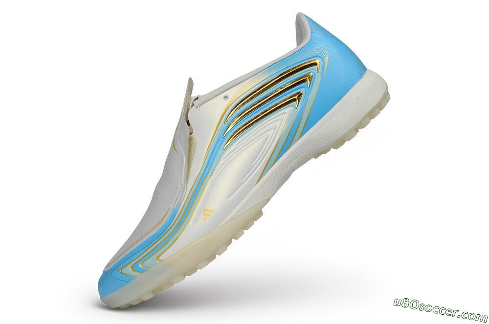 Messi x Adidas F50 Elite Laceless TF Artificial Turf Soccer Shoes - White/Sky Blue/Metallic Gold 6