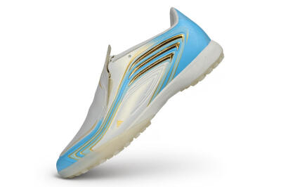 Messi x Adidas F50 Elite Laceless TF Artificial Turf Soccer Shoes - White/Sky Blue/Metallic Gold