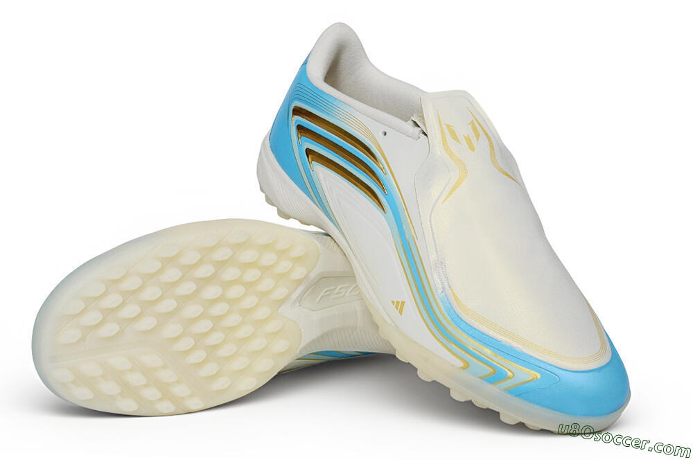 Messi x Adidas F50 Elite Laceless TF Artificial Turf Soccer Shoes - White/Sky Blue/Metallic Gold 4