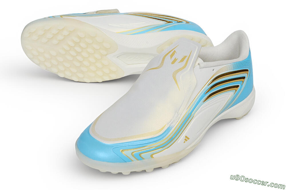 Messi x Adidas F50 Elite Laceless TF Artificial Turf Soccer Shoes - White/Sky Blue/Metallic Gold 3