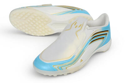 Messi x Adidas F50 Elite Laceless TF Artificial Turf Soccer Shoes - White/Sky Blue/Metallic Gold