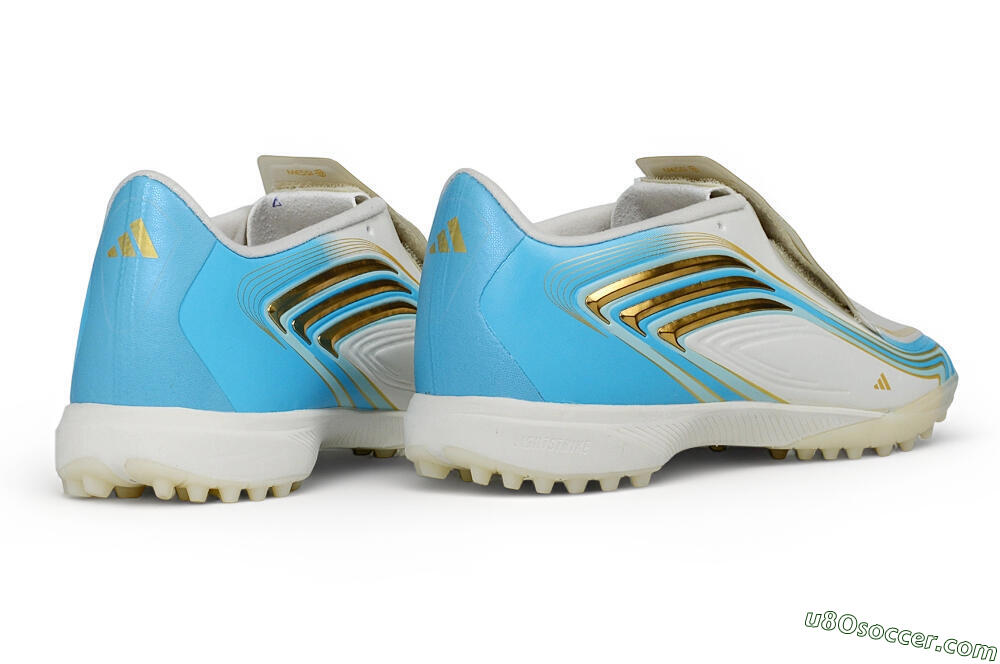 Messi x Adidas F50 Elite Laceless TF Artificial Turf Soccer Shoes - White/Sky Blue/Metallic Gold 7