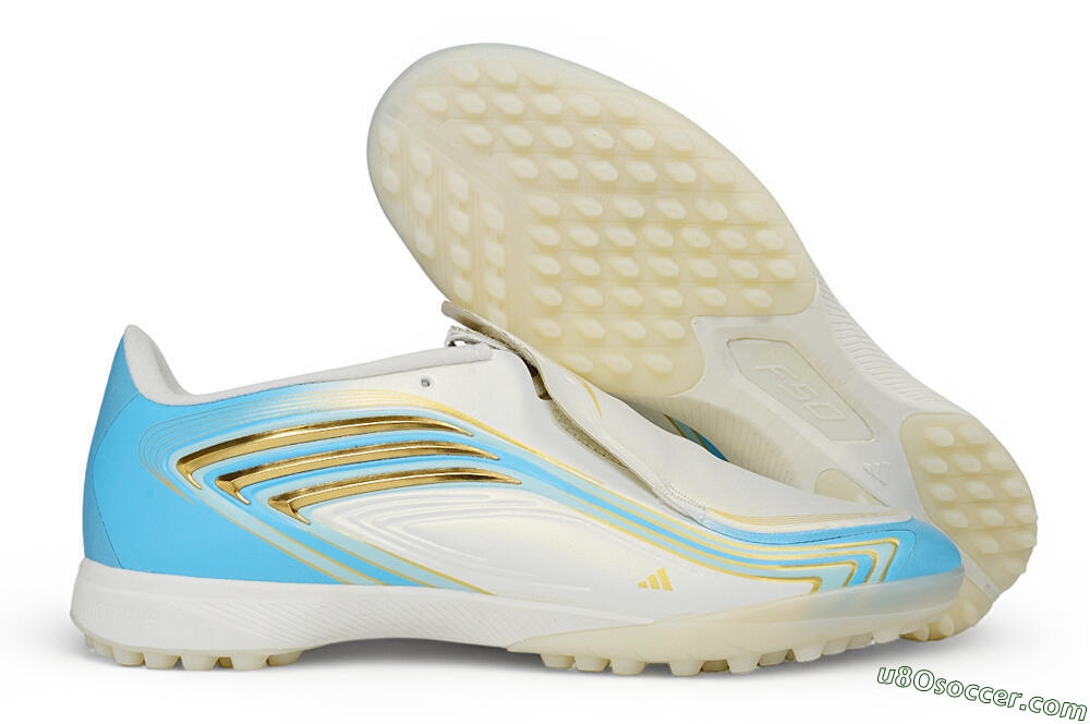 Messi x Adidas F50 Elite Laceless TF Artificial Turf Soccer Shoes - White/Sky Blue/Metallic Gold 1