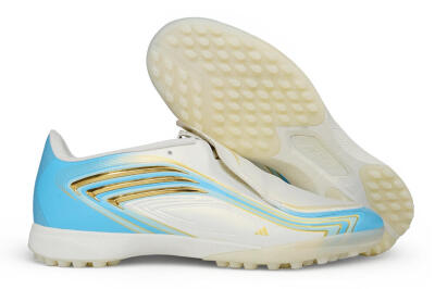 Messi x Adidas F50 Elite Laceless TF Artificial Turf Soccer Shoes - White/Sky Blue/Metallic Gold