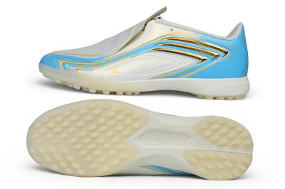Messi x Adidas F50 Elite Laceless TF Artificial Turf Soccer Shoes - White/Sky Blue/Metallic Gold