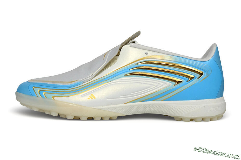 Messi x Adidas F50 Elite Laceless TF Artificial Turf Soccer Shoes - White/Sky Blue/Metallic Gold 2
