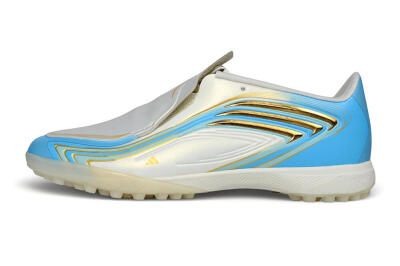 Messi x Adidas F50 Elite Laceless TF Artificial Turf Soccer Shoes - White/Sky Blue/Metallic Gold
