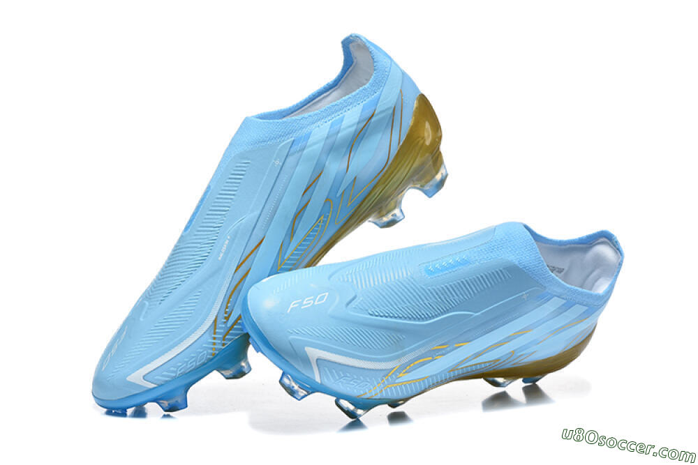 Adidas F50 Hyperfast Elite Laceless FG Firm Ground Soccer Cleats - Blue/Sky Blue/Metallic Gold 3