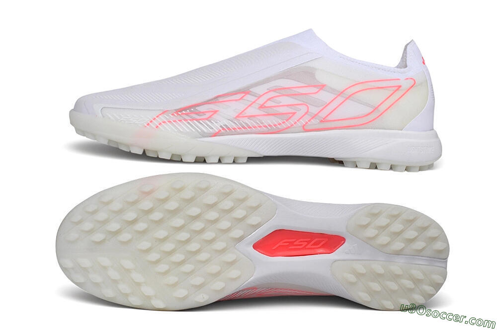 Adidas F50 Hyperfast Elite Laceless TF Artificial Turf Soccer Shoes - White/Cloud White/Solar Pink 0