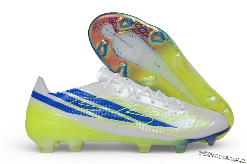 Adidas F50 Hyperfast Evo FG Firm Ground Soccer Cleats - White/Lucid Blue/Solar Yellow 1