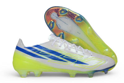 Adidas F50 Hyperfast Evo FG Firm Ground Soccer Cleats - White/Lucid Blue/Solar Yellow