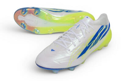 Adidas F50 Hyperfast Evo FG Firm Ground Soccer Cleats - White/Lucid Blue/Solar Yellow