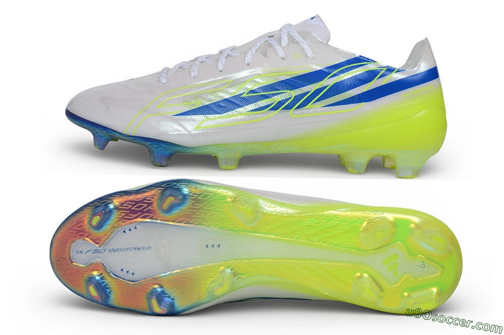 Adidas F50 Hyperfast Evo FG Firm Ground Soccer Cleats - White/Lucid Blue/Solar Yellow 0