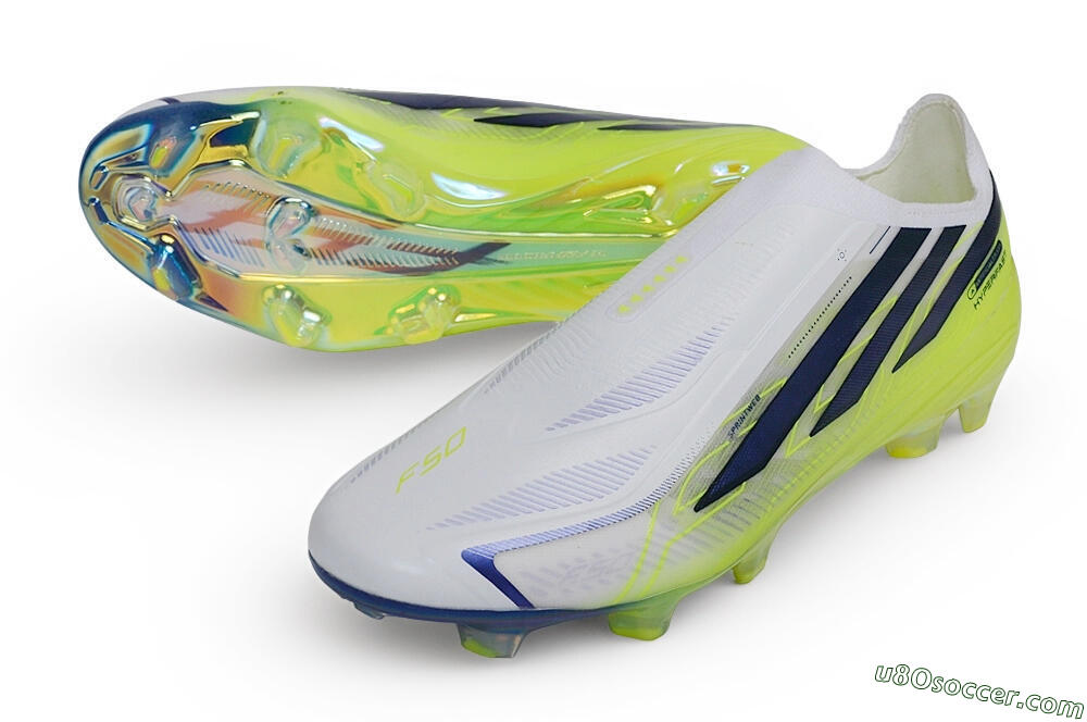 Adidas F50 Hyperfast Elite Laceless FG Firm Ground Soccer Cleats - White/White/Solar Yellow 3