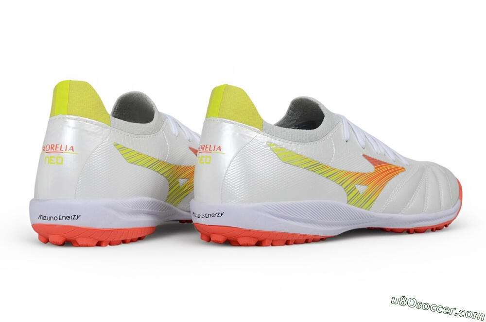 Mizuno Morelia Neo 4 TF Artificial Turf Soccer Shoes - White/Safety Yellow/Fiery Coral 6