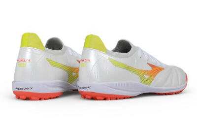 Mizuno Morelia Neo 4 TF Artificial Turf Soccer Shoes - White/Safety Yellow/Fiery Coral