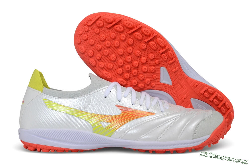 Mizuno Morelia Neo 4 TF Artificial Turf Soccer Shoes - White/Safety Yellow/Fiery Coral 1