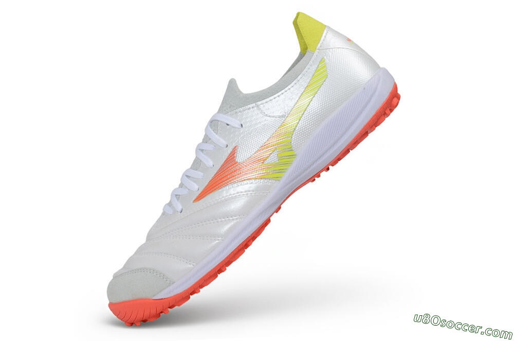 Mizuno Morelia Neo 4 TF Artificial Turf Soccer Shoes - White/Safety Yellow/Fiery Coral 5