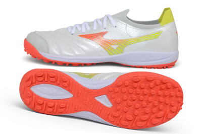 Mizuno Morelia Neo 4 TF Artificial Turf Soccer Shoes - White/Safety Yellow/Fiery Coral