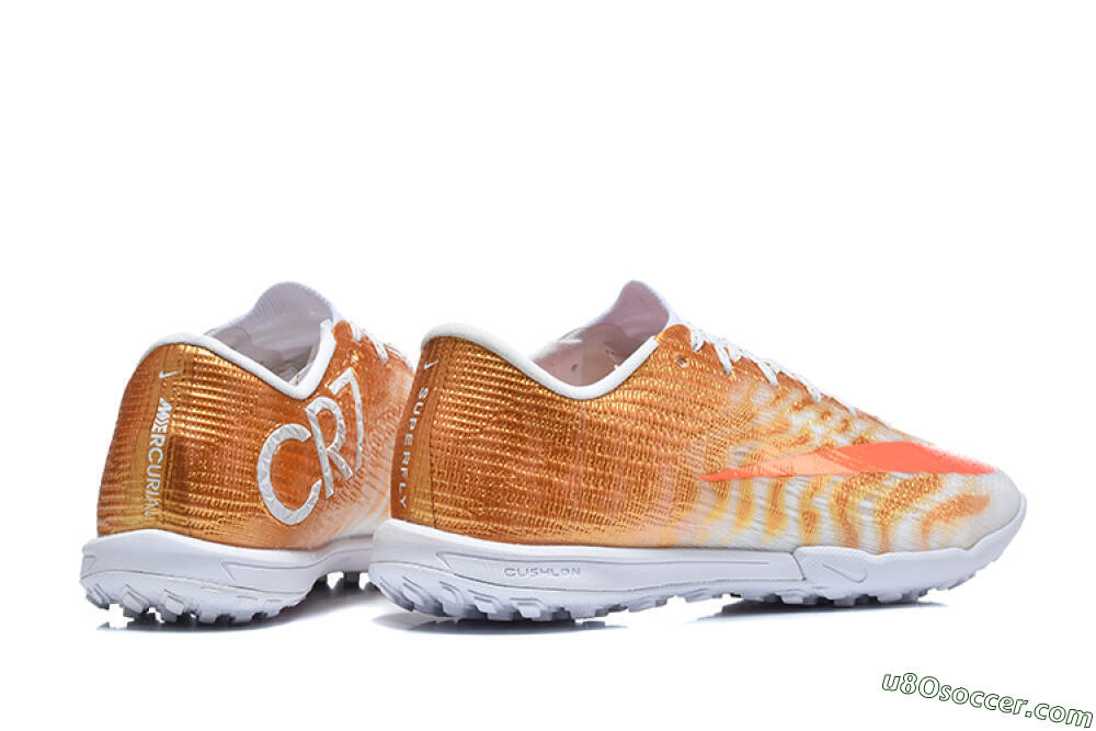 Nike Air Zoom Mercurial Vapor 17 Elite TF Artificial Turf Soccer Shoes - White/Metallic Gold/Total Orange 9