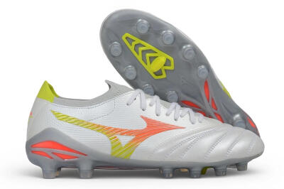 Mizuno Morelia Neo 4 FG Firm Ground Soccer Cleats - White/Safety Yellow/Fiery Coral