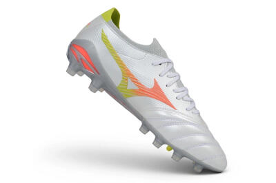 Mizuno Morelia Neo 4 FG Firm Ground Soccer Cleats - White/Safety Yellow/Fiery Coral