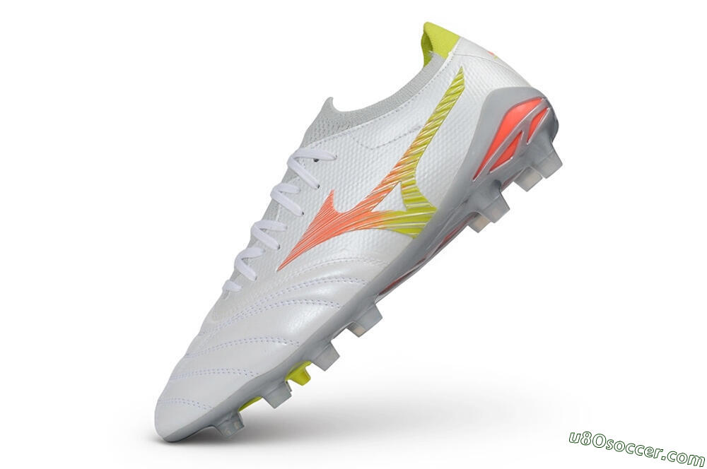 Mizuno Morelia Neo 4 FG Firm Ground Soccer Cleats - White/Safety Yellow/Fiery Coral 5