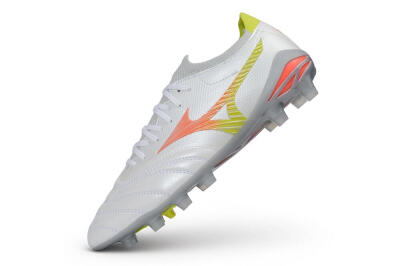 Mizuno Morelia Neo 4 FG Firm Ground Soccer Cleats - White/Safety Yellow/Fiery Coral