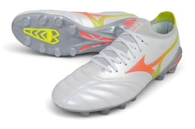 Mizuno Morelia Neo 4 FG Firm Ground Soccer Cleats - White/Safety Yellow/Fiery Coral
