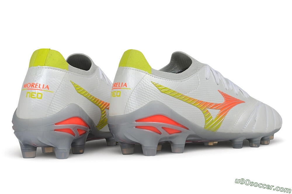 Mizuno Morelia Neo 4 FG Firm Ground Soccer Cleats - White/Safety Yellow/Fiery Coral 6