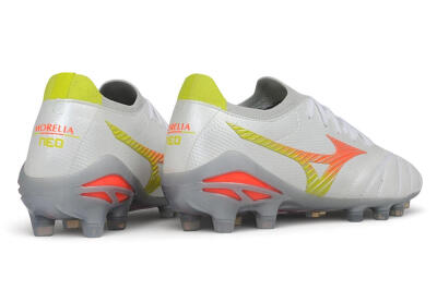 Mizuno Morelia Neo 4 FG Firm Ground Soccer Cleats - White/Safety Yellow/Fiery Coral