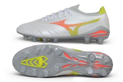 Mizuno Morelia Neo 4 FG Firm Ground Soccer Cleats - White/Safety Yellow/Fiery Coral