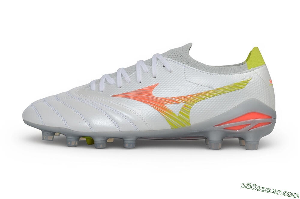 Mizuno Morelia Neo 4 FG Firm Ground Soccer Cleats - White/Safety Yellow/Fiery Coral 2