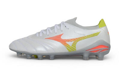 Mizuno Morelia Neo 4 FG Firm Ground Soccer Cleats - White/Safety Yellow/Fiery Coral