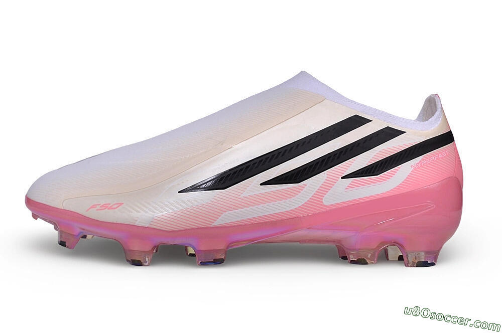 Adidas F50 Hyperfast Elite Laceless FG Firm Ground Soccer Cleats - White/Iridescent Pink/Black 2