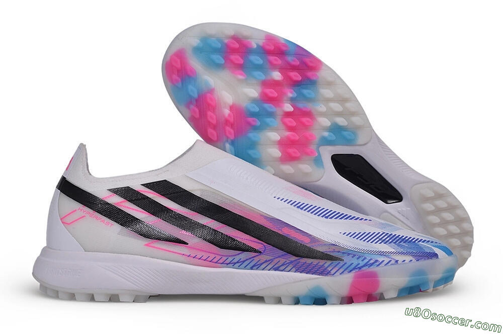 Adidas F50 Hyperfast Elite Laceless TF Artificial Turf Soccer Shoes - White/Lucid Pink/Lucid Blue 1