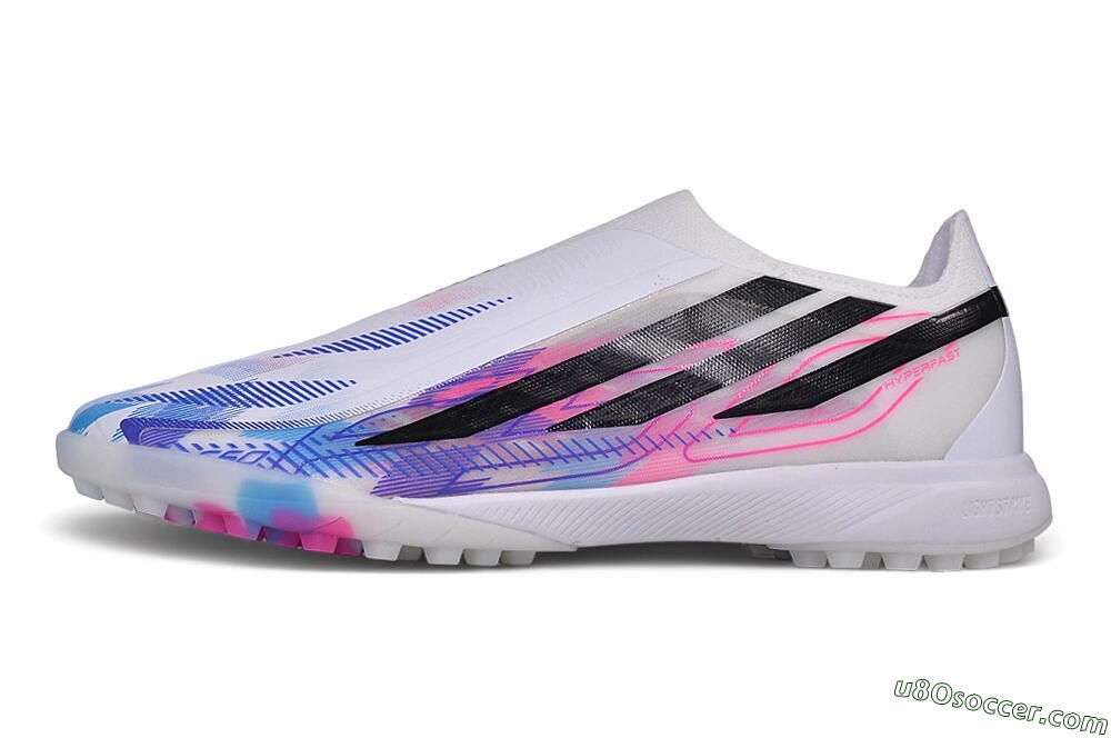 Adidas F50 Hyperfast Elite Laceless TF Artificial Turf Soccer Shoes - White/Lucid Pink/Lucid Blue 2