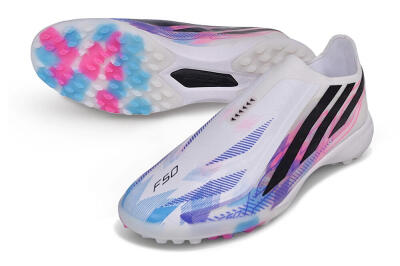 Adidas F50 Hyperfast Elite Laceless TF Artificial Turf Soccer Shoes - White/Lucid Pink/Lucid Blue