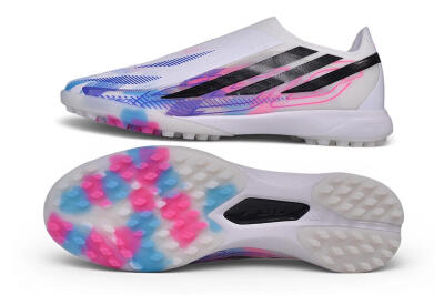 Adidas F50 Hyperfast Elite Laceless TF Artificial Turf Soccer Shoes - White/Lucid Pink/Lucid Blue
