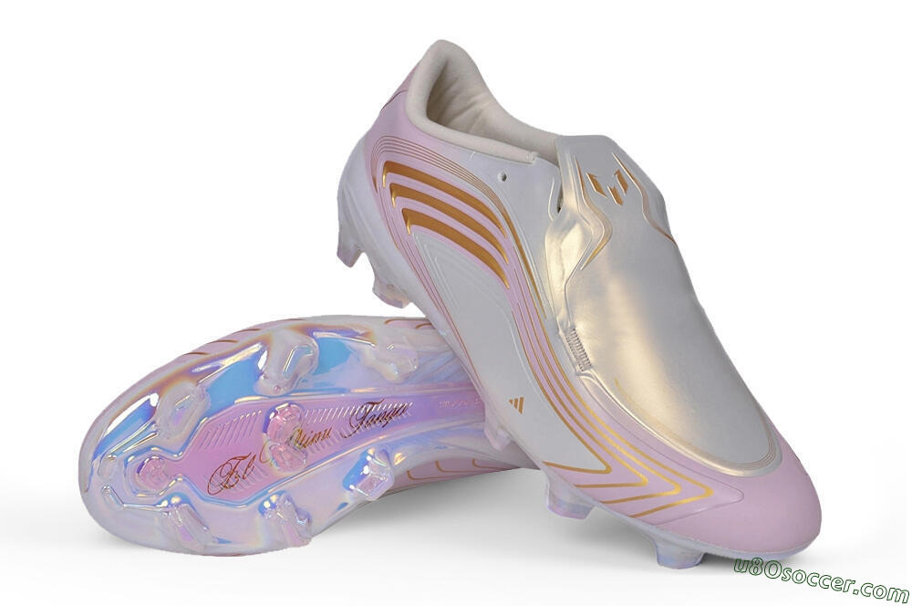 Adidas F50 Elite Laceless FG Firm Ground Soccer Cleats - White/Iridescent Pink/Metallic Gold 4