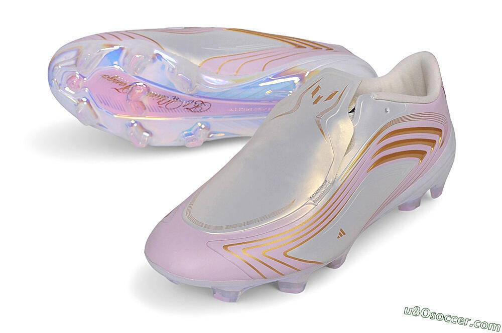 Adidas F50 Elite Laceless FG Firm Ground Soccer Cleats - White/Iridescent Pink/Metallic Gold 3