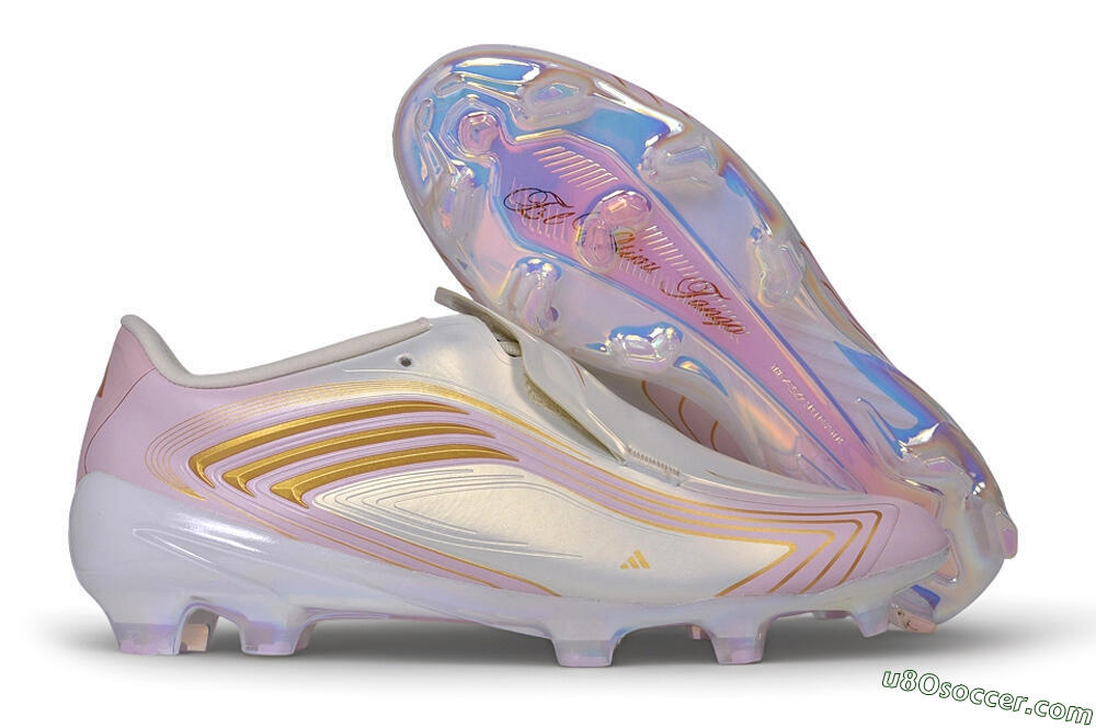 Adidas F50 Elite Laceless FG Firm Ground Soccer Cleats - White/Iridescent Pink/Metallic Gold 1