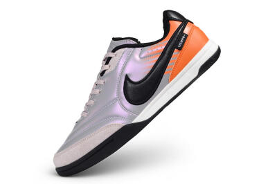 Nike Tiempo Streetgato Prm IC Indoor & Futsal Soccer Shoes - Silver/Iridescent Silver/Bright Mango