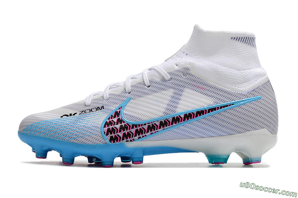 Nike Air Zoom Mercurial Superfly 9 Elite AG Artificial Grass Soccer Cleats - White/Blue/Pink 2