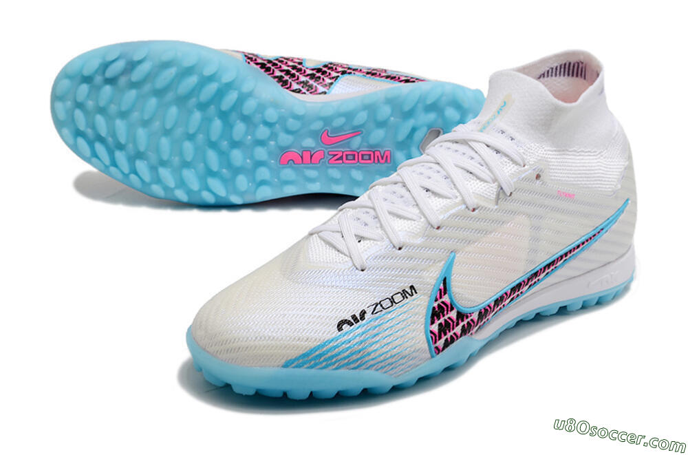 Nike Air Zoom Mercurial Superfly 9 Elite TF Artificial Turf Soccer Shoes - White/Blue/Pink 3