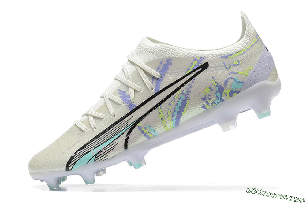 Puma Ultra Ultimate FG Firm Ground Soccer Cleats - White/Black/Yellow/Purple 7