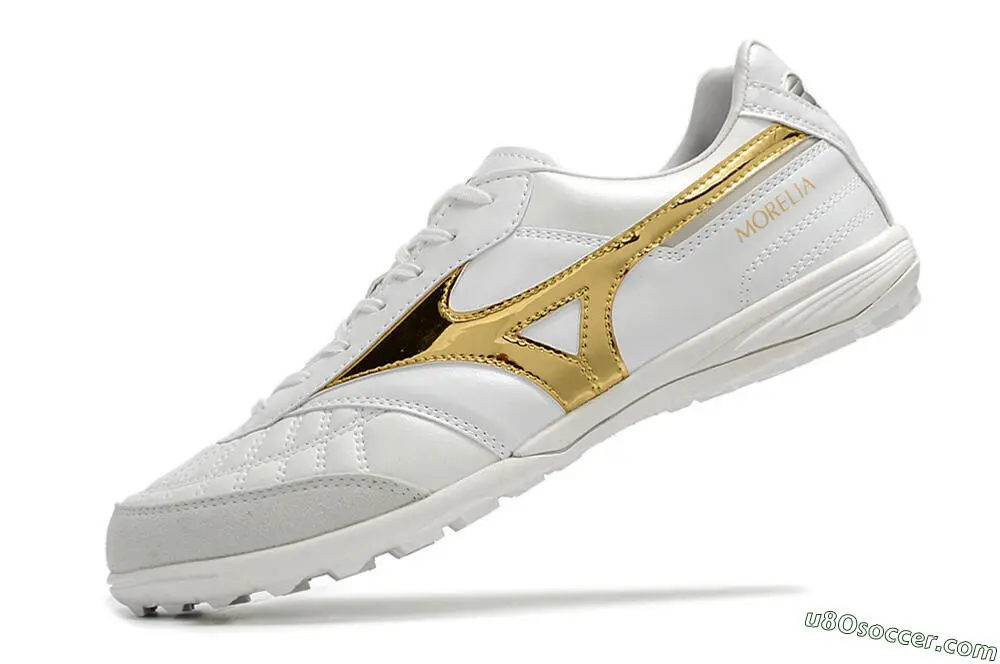 White and Gold TF Artificial Turf Soccer Shoes - Mizuno Morelia