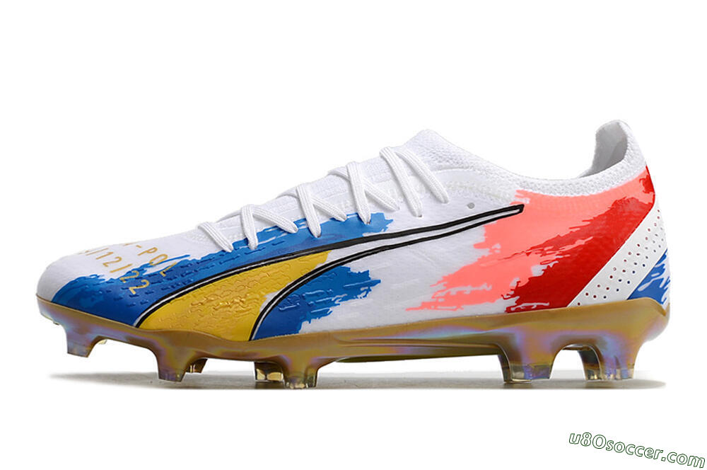 Puma Ultra Ultimate FG Firm Ground Soccer Cleats - White/Blue/Red/Gold 2